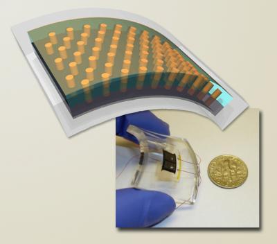 flexible solar cell is achieved by removing the aluminum substrate substituting an indium bottom electrode and embedding the 3-D array in clear plastic